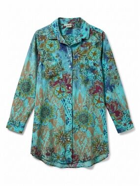 Tianello Women’s Small 100% Silk Tunic Blouse Blue Colorful Long Button Front